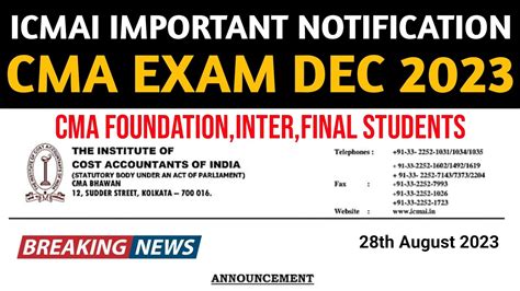 Icmai Important Notification On Cma Exam Dec Foundation Inter