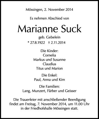 Traueranzeigen Von Marianne Suck Schwarzw Lder Bote Trauer