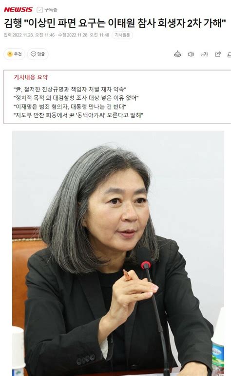 국민의힘 김행 이상민 파면 요구는 이태원 참사 희생자 2차 가해 오픈이슈갤러리 인벤