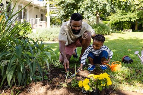 African American Father and Son Digging Dirt with Tools on Grassy Field in Backyard Stock Photo ...