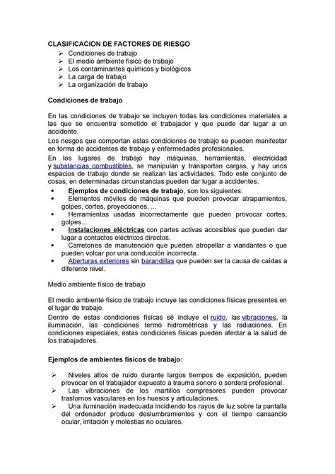 Clasificacion De Factores De Riesgo Clasificacion De Factores De Riesgo Condiciones De Trabajo