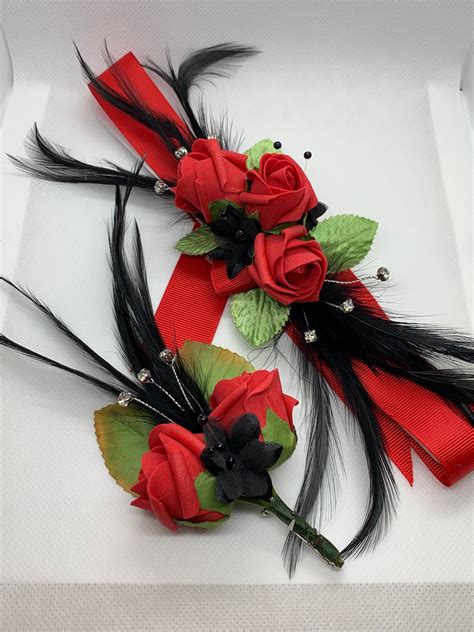 Red And Black Wrist Corsage And Buttonhole Set For Wedding Or Etsy Canada