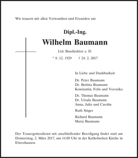 Traueranzeigen Von Dipl Ing Wilhelm Baumann Mittelbayerische Trauer