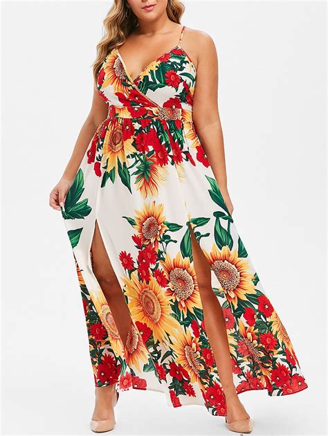 [17 Off] 2021 Plus Size Sunflower Print High Slit Dress In White