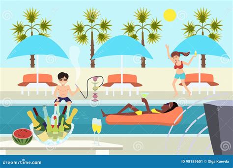 Young People At Pool Party Vector Cartoon Stock Vector Illustration Of Music Humor 98189601