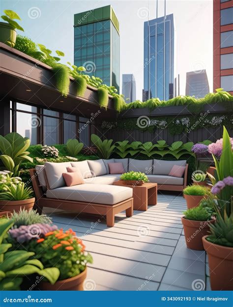 Urban Rooftop Garden Oasis with Modern Lounge and Cityscape Views Stock