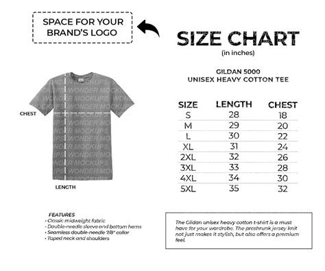 Gildan 5000 Unisex Heavy Cotton T Shirt Size Chart For Etsy