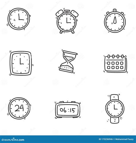 Set Of Clock Icons In Cute Doodle Design Stock Vector Illustration Of