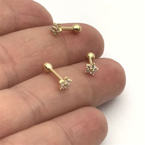 Ouro 18k Piercing Flor Estrela Pedras Cartilagem Tragus Orelha