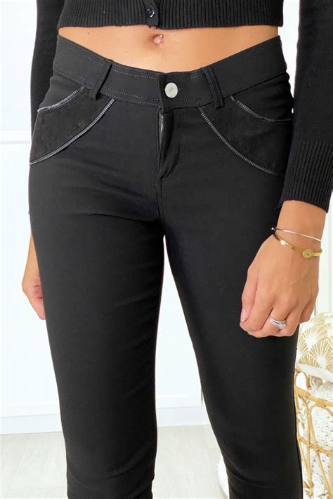 Pantalon Slim Noir En Strech Avec Zip Et Su Dine L Avant