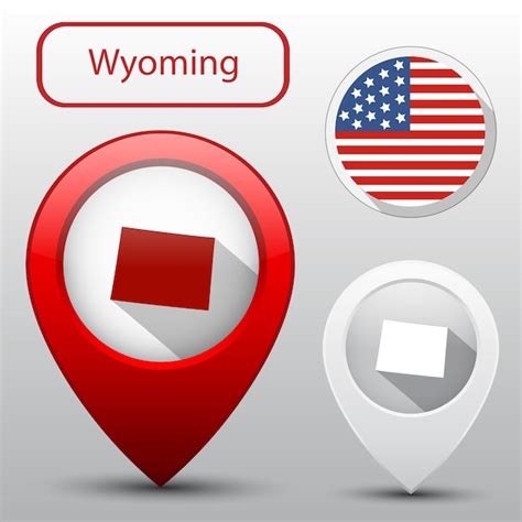 Conjunto del estado de wyoming con bandera de américa y puntero de mapa