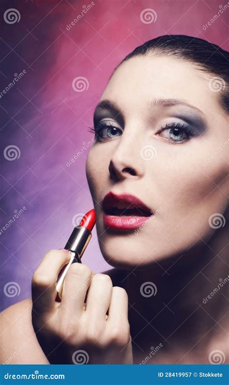 Woman Applying Red Lipstick Stock Image Image Of Lipstick Beauty