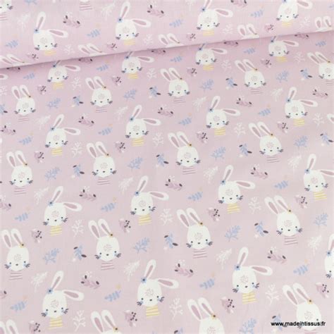 Tissu Coton Tamina Motif Lapins Et Fleurs Fond Parme Oeko Tex