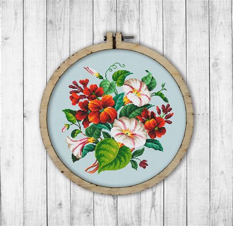 Vintage Morning Glory And Nasturtiums Cross Stitch Pattern Embroidery