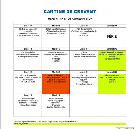 Menu De La Cantine De Novembre Commune De Crevant