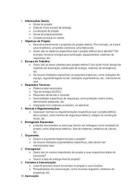 Briefing-Projeto Eletrico - Informações Gerais: Nome do projeto. Data