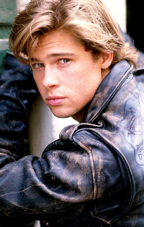 A young Brad Pitt in worn biker jacket. | Brad pitt, Brad pitt photos