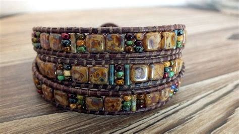 Leather Wrap Bracelet With Czechmates Tile Beads And Czech Picasso Seed Beads Boho Bracelet