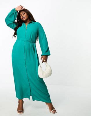 ASOS DESIGN Curve Tie Front Maxi Shirt Dress In Green ASOS