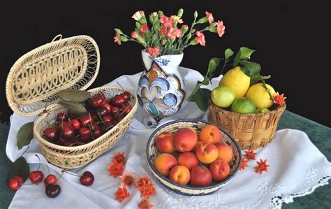 Still Life Peaches Cherry Lemons Carnations Vase HD Wallpaper