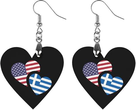 Greece Us Flag Womens Wooden Dangle Earrings Lightweight