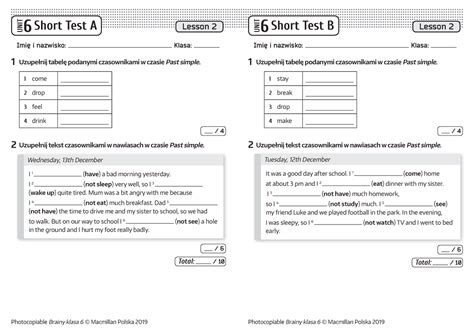 Brainy Kl Short Tests Unit Lesson Imi I Nazwisko Klasa Imi I