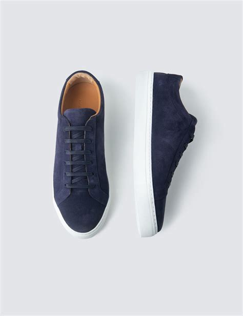 Suede And Leather Mens Trainers With Rubber Outsole In Navy Hawes And Curtis Uk