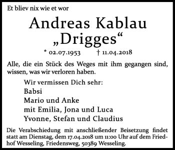 Traueranzeigen Von Andreas Kablau WirTrauern