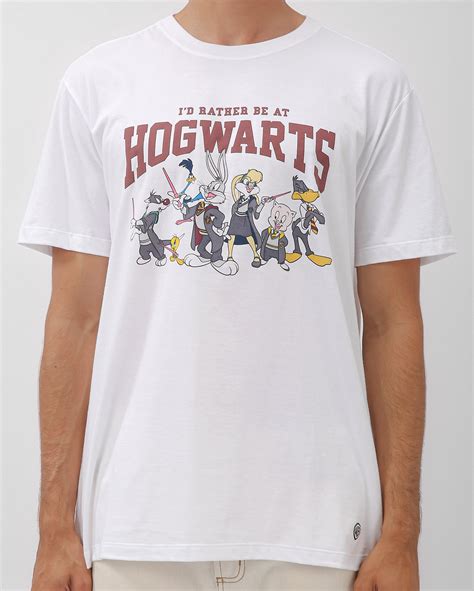 Camiseta Masculina Looney Tunes Hogwarts Branca Warner Bros Fanlab