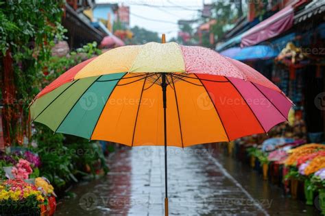 colorful rainbow umbrella protecting  rain   market street