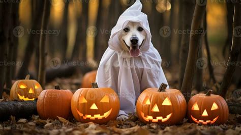 Dog Wearing A Ghost Costume Sitting Between Pumpkins For Halloween In