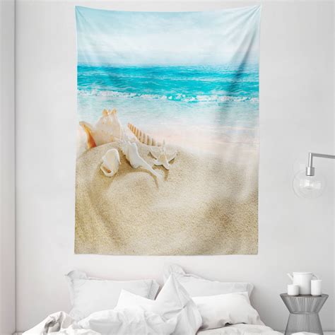 Seashells Tapestry Pastel Toned Beach Scene With Sand And Waves Summer Season Holiday Vacation