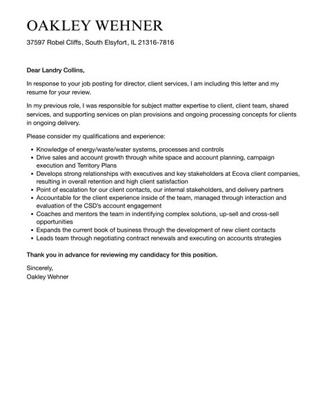 Director, Client Services Cover Letter | Velvet Jobs