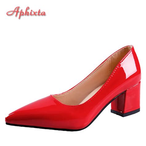 Aphixta 5cm Square Heels Patent Leather Red Pumps Shoes Woman Classics Pointed Toe Dress