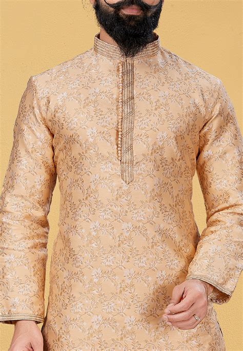 Buy Woven Art Silk Jacquard Dhoti Kurta In Light Peach Online Mdw