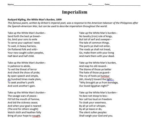 Imperialism White Mans Burden Poem Worksheet Amped Up Learning