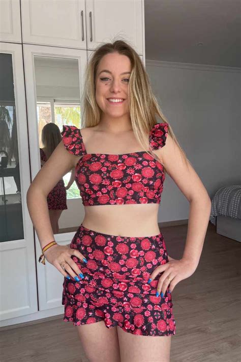 Red Floral Ruffled Straps Chic Bikini Top With Skirt Set