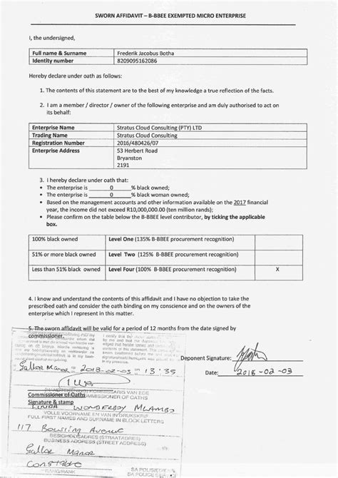 Sworn Affidavit B Bbee Micro Enterprise Stratus Cloud