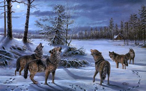 Howling wolves standing on ground covered by snow painting, wolf ...