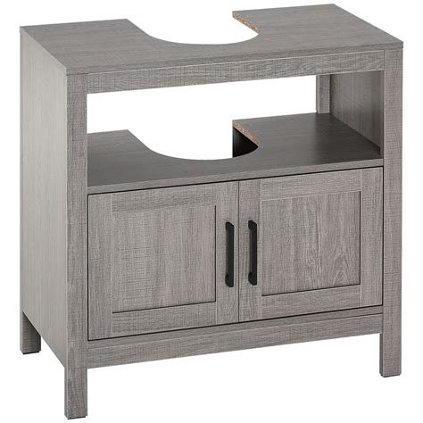 kleankin Pedestal Sink Storage Cabinet, Bathroom Vanity, Gray, Restroom ...