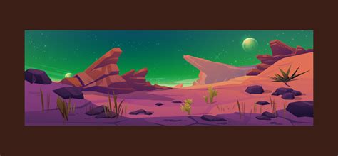 Alien Planet Surface Futuristic Landscape Background With Glowing Moon Or Satellite Above Rock