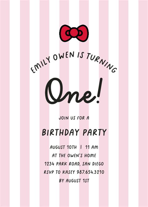 Pink Stripes - 1st Birthday Invitation Template (Free) | Greetings Island