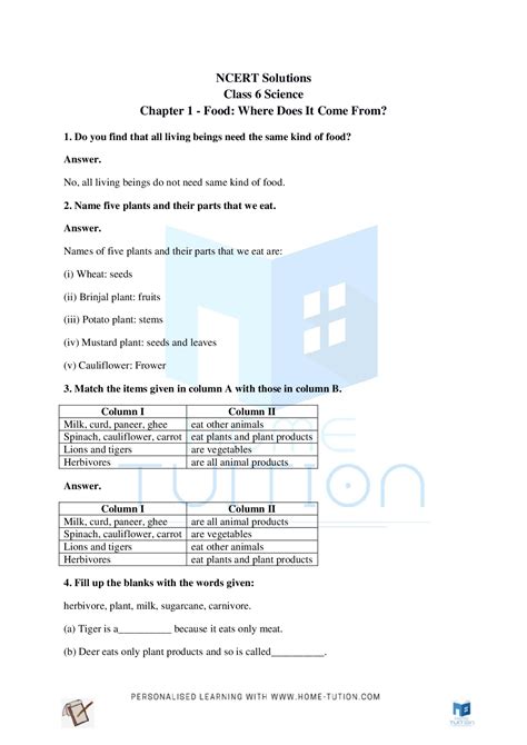 NCERT Solutions For Class 6 Science Chapter 1 Food Where Does It Come