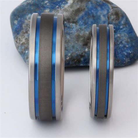 Titanium Wedding Band Set Thin Blue Line Rings His And Etsy