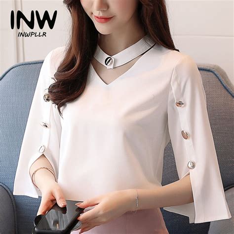 2018 Fashion Chiffon Blouse Shirt Women Button V Neck Shirts Femme Work