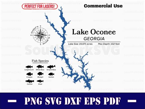 Lake Oconee Georgia Map Data Fish Species Laser Ready Cnc Print Dye