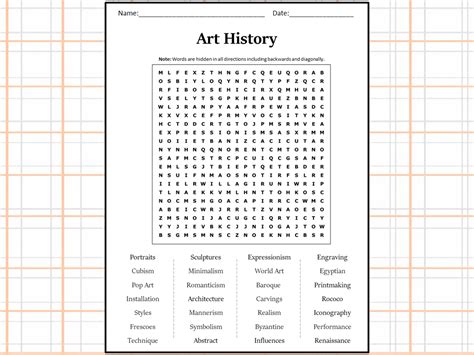 Art History Word Search Puzzle Worksheet Activity Teaching Resources