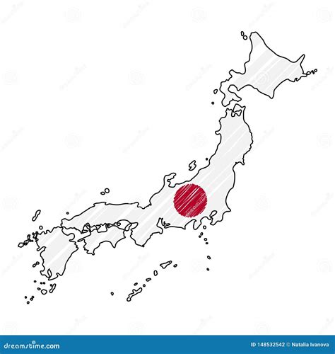 Japan Map Hand Drawn Sketch Vector Concept Illustration Flag