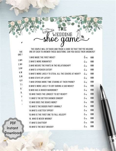 The Wedding Shoe Bridal Shower Game L Newlywed Game L Greenery Bridal