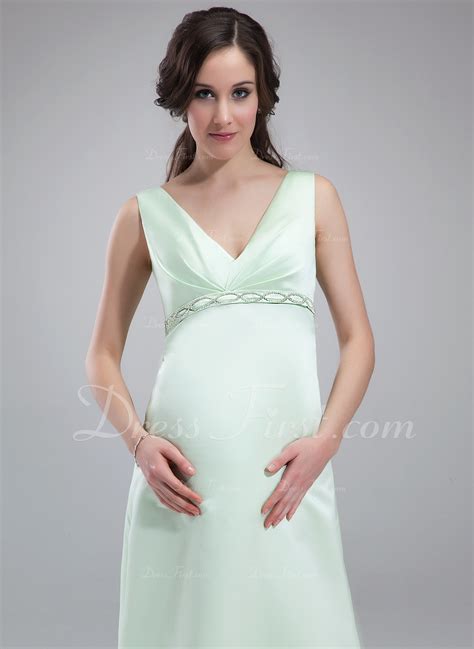 Empire V Neck Floor Length Satin Satin Maternity Bridesmaid Dress With